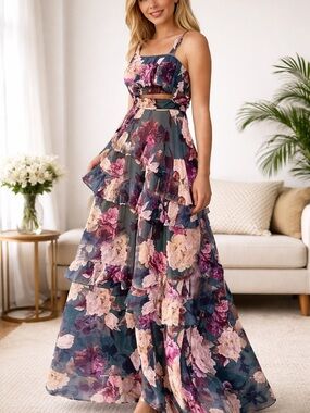 Floral Maxi Dress Tiered Sleeveless Romantic Summer Garden Party L